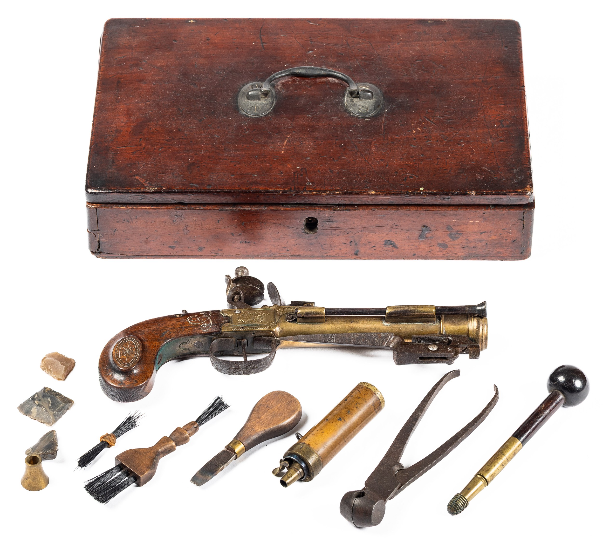 A Cased Flemish Flintlock Blunderbuss Pistol With Spring Bayonet