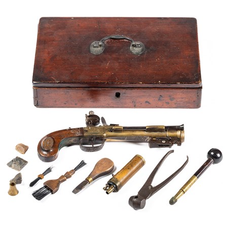 A Cased Flemish Flintlock Blunderbuss Pistol With Spring Bayonet